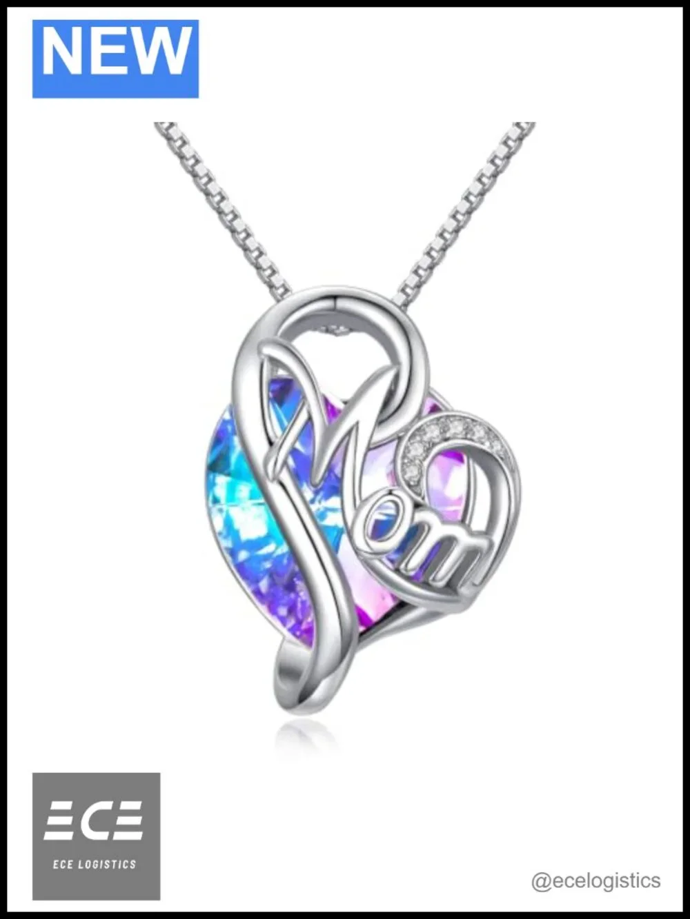 925 Sterling Silver MOM Necklace Heart Crystal Pendant 18